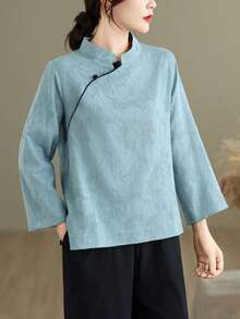 LUCIDVUE 1 Stück Damen Chinesischer Vintage Stil Mandarin Kragen Schräger Knopfleiste Jacquard Blau Leinen Bluse, elegantes verbessertes Hanfu, Frühling/Herbst - Blau - Übersicht 2