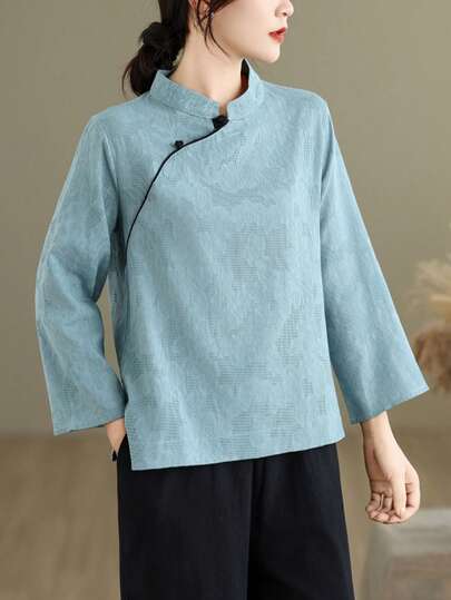 LUCIDVUE 1pc Women's Chinese Style Vintage Mandarin Collar Oblique Placket Jacquard Blue Linen Shirt, Elegant Improved Hanfu, Spring/Autumn