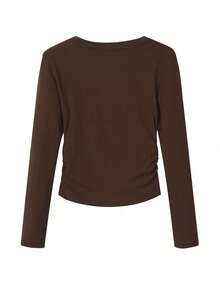 复古坏蛋字母印花保暖内衬长袖打底衫，修身款，秋冬新品 - 棕色 - 查看 5