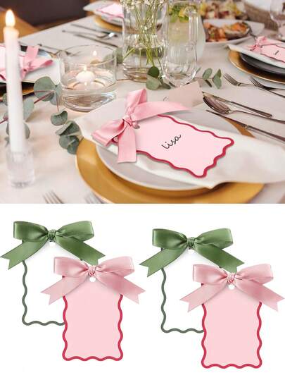 6/24/48 piezas Tarjetas con forma de vieira para colocar nombres con cintas, Tarjetas de número de mesa de boda DIY, Decoraciones para fiestas de boda (Rosa)