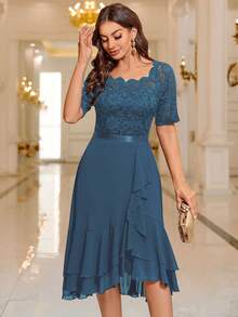 MIUSOL Boat Neck Floral Lace Paneled Ruffle Hem Cocktail Party Swing Dress - Dusty Blue - View 7