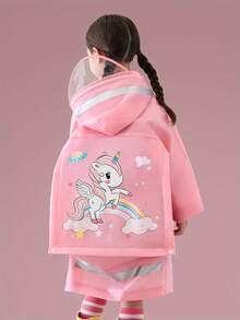 Outdoor Waterproof Raincoat With A Cartoon Pink Rainbow Unicorn Design, Featuring An Open Backpack Slot, Suitable For Outdoor Activities, Camping, Walking To And From School, With A Windproof And Waterproof Transparent Brim, Sold As A Single Piece.