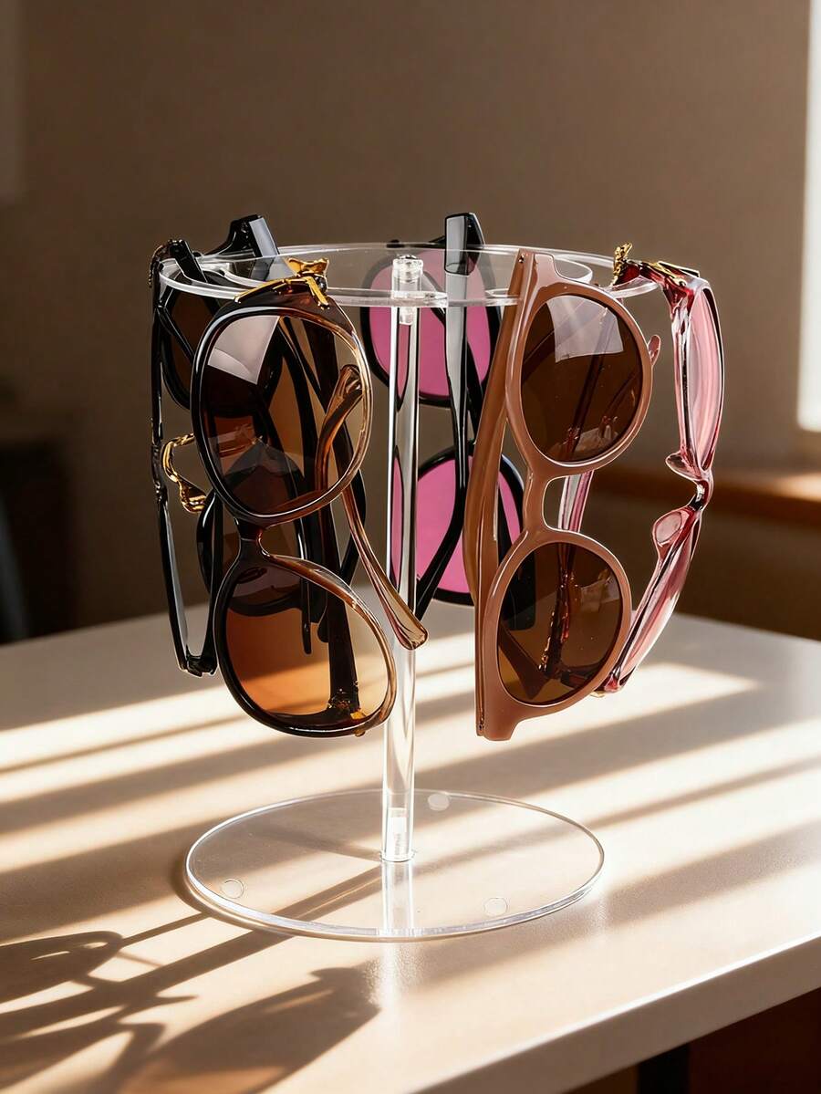 1pc Acrylic Sunglasses Display Stand, High-Quality Transparent 360° Rotating Round Elevated Holder, Clear Desktop Eyeglasses Organizer Rack