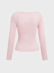 基本款简约圆领双层无缝修身长袖上衣 - 粉色 - 查看 5