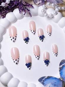 10片手工杏仁白法式波点可爱3D蓝莓简约时尚可拆卸美甲贴片，高端美甲用品手工按压式美甲贴片 - 彩色 - 查看 6