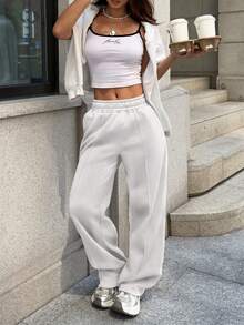 Pantalones de chándal sueltos y casuales de unicolor con cintura elástica - Blanco - Ver 3