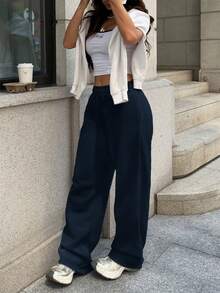 Sulojter Casual Loose Solid Color Elastic Waist Sweatpants - Navy Blue - View 7