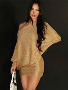 Women Asymmetrical Sequin Evening Dress Spring Autumn Long Sleeve Slash Neck One Shoulder Fashion Party Dress - 金色 - 查看 2