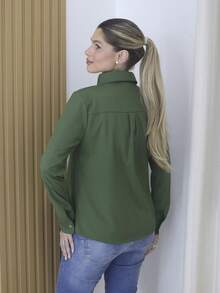 Women's Simple Shirt With Collar And Long Sleeves, Polyester Fabric - Xinnix 2019 - 軍綠色 - 查看 4