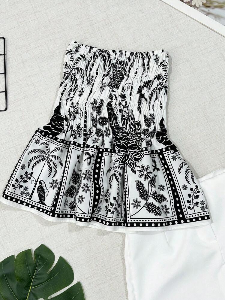 Women's Two Piece Set, Strapless Printed Top And Plain Shorts, Casual Summer Outfit - trước và sau - Xem 2