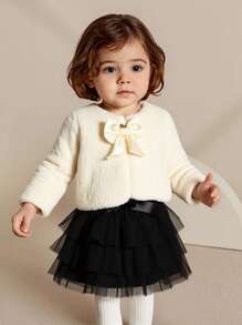 SHEIN Elladie kids 女婴温暖毛绒蝴蝶结装饰夹克，适合外出和日常穿着，秋冬季 - 米色 - 查看 4