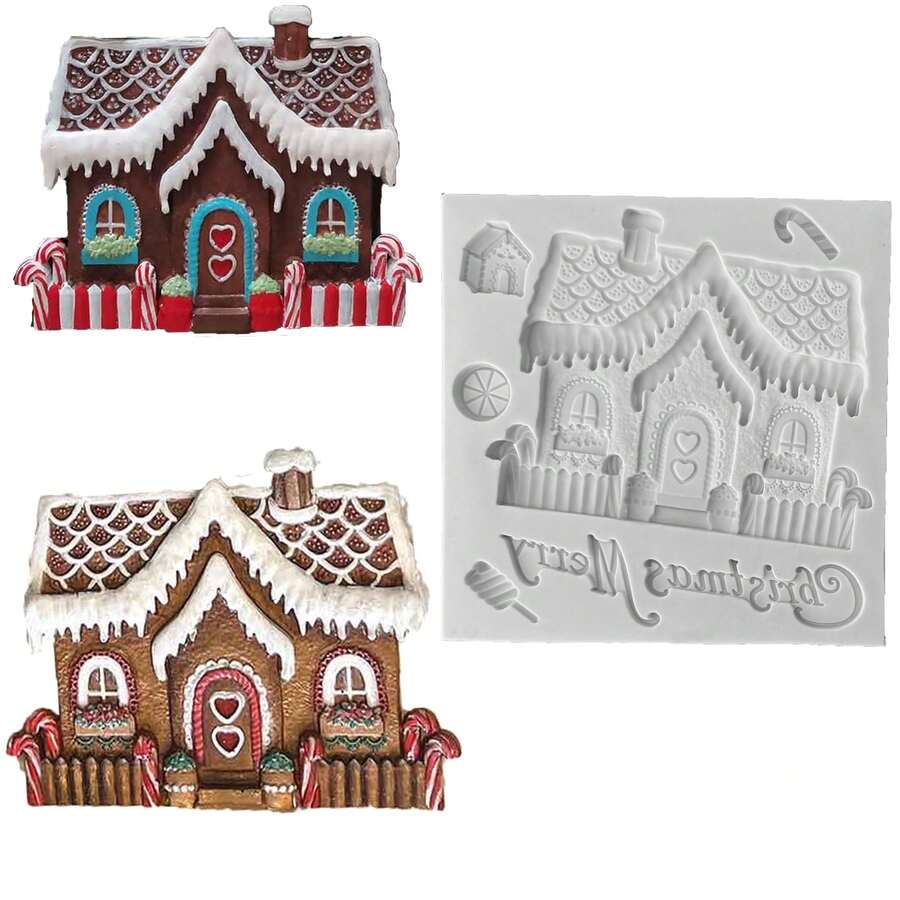 1 pieza Molde de silicona con forma de letra navideña y casa, herramienta para decorar pasteles con fondant, molde de silicona, molde para caramelos, magdalenas y chocolate, accesorios de cocina, herramienta de repostería - Gris Claro - Ver 1