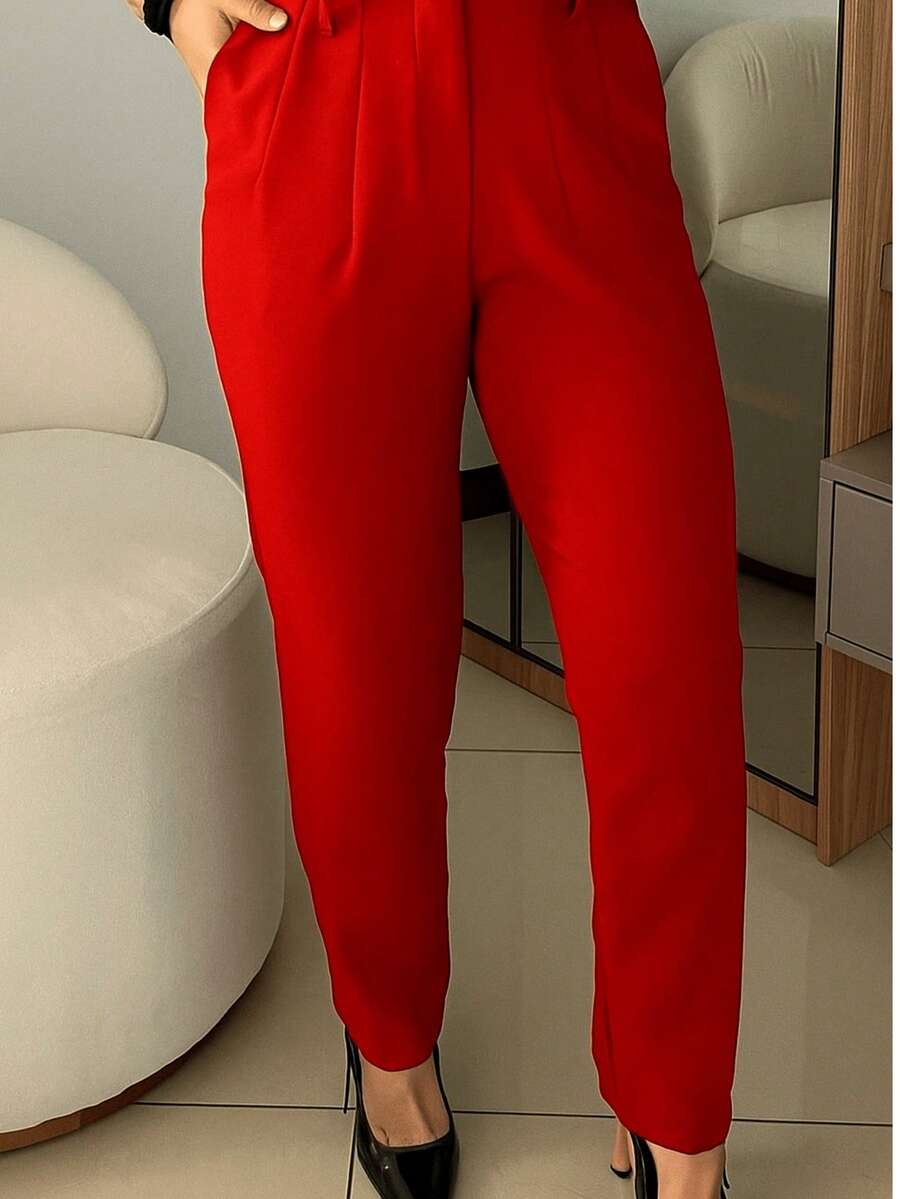Women's Tailored Pants ZA High Waist Skinny Casual Elegant Pocket And Zipper - 紅色 - 查看 1