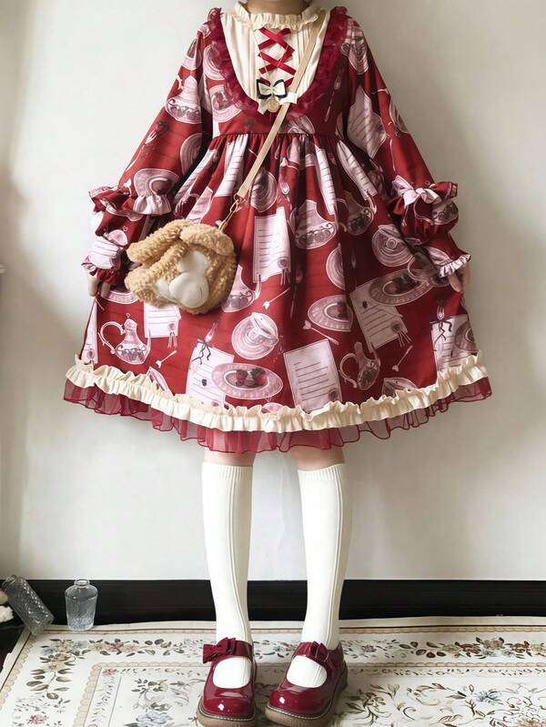 1 pieza Vestido vintage dulce y fresco de estilo Lolita, adecuado para fiestas, actuaciones, vacaciones, regalos del Día de San Valentín, disfraz de cosplay, vestido de fiesta
