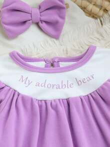 2件套女婴可爱小熊字母图案拼接领长袖连体衣和发带套装，休闲日常穿着，秋冬季 - 紫色 - 查看 3