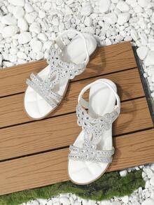 Bohemian Rhinestone Embellished Flat Sandals For Women – Open-Toe T-Strap Design With Shimmering Crystal Accents, Comfortable Elastic Back Strap, Perfect For Summer Beach, Vacation, Casual Outings And Evening Events, Lightweight Footwear To Elevate Your Warm-Weather Style - 白色 - 查看 5