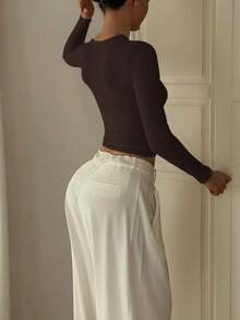 Camiseta básica minimalista de cuello redondo, de doble capa, sin costuras y ajustada de manga larga - Marrón - Ver 4