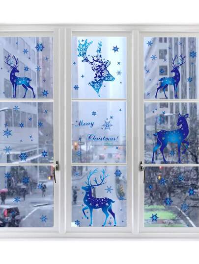 1 pezzo Adesivo decorativo natalizio, renna sfumata blu con fiocchi di neve, decalcomania per finestre a forma di renna blu, adatto per finestre, vetro, mobili natalizi, decorazioni per feste di Natale, decorazioni per l'atmosfera del Nuovo Anno, decorazioni invernali