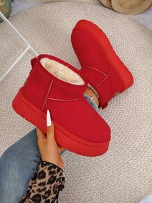 女士简约纯色套脚圆头圣诞红雪地靴，保暖内衬，厚底，冬季保暖靴，休闲风格，日常穿着，节日红色短筒靴，毛绒靴 - 紅色 - 查看 3