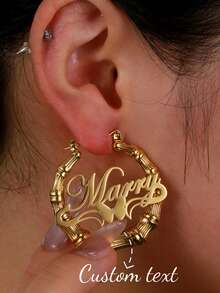 50mm Customized Name Bamboo Hoop Earrings, Personalized Jewelry Name Earrings, Heart-Shaped Birthday Gift For Women - Gold-round Bamboo-edwardian Script ITC - View 1