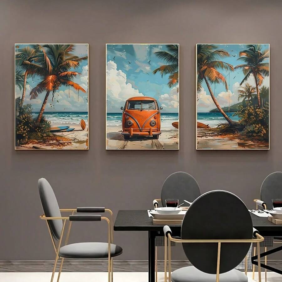 3 PiecesModern Beach Scene Triptych Wall Art Prints - Frameless Palm Tree And Vintage Van Canvas Poster Set For Living Room, Bedroom, Dining Area And Restaurant Decor With Coastal Vibes And Relaxing Ambiance - 3pcs - View 1