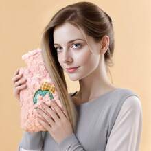 1 pieza Bolsa de agua caliente con bordado de flores, funda suave y cómoda para bolsa de agua caliente para el invierno, Bouillotte Ventre