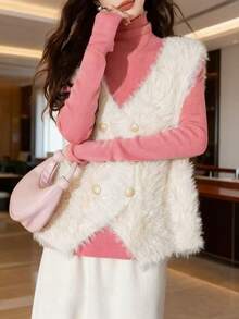 Damen Kuschelige Strickjacke ärmellos Kunstfell Mantel mit tiefem V-Ausschnitt und goldenen Knöpfen asymmetrisch normale Länge