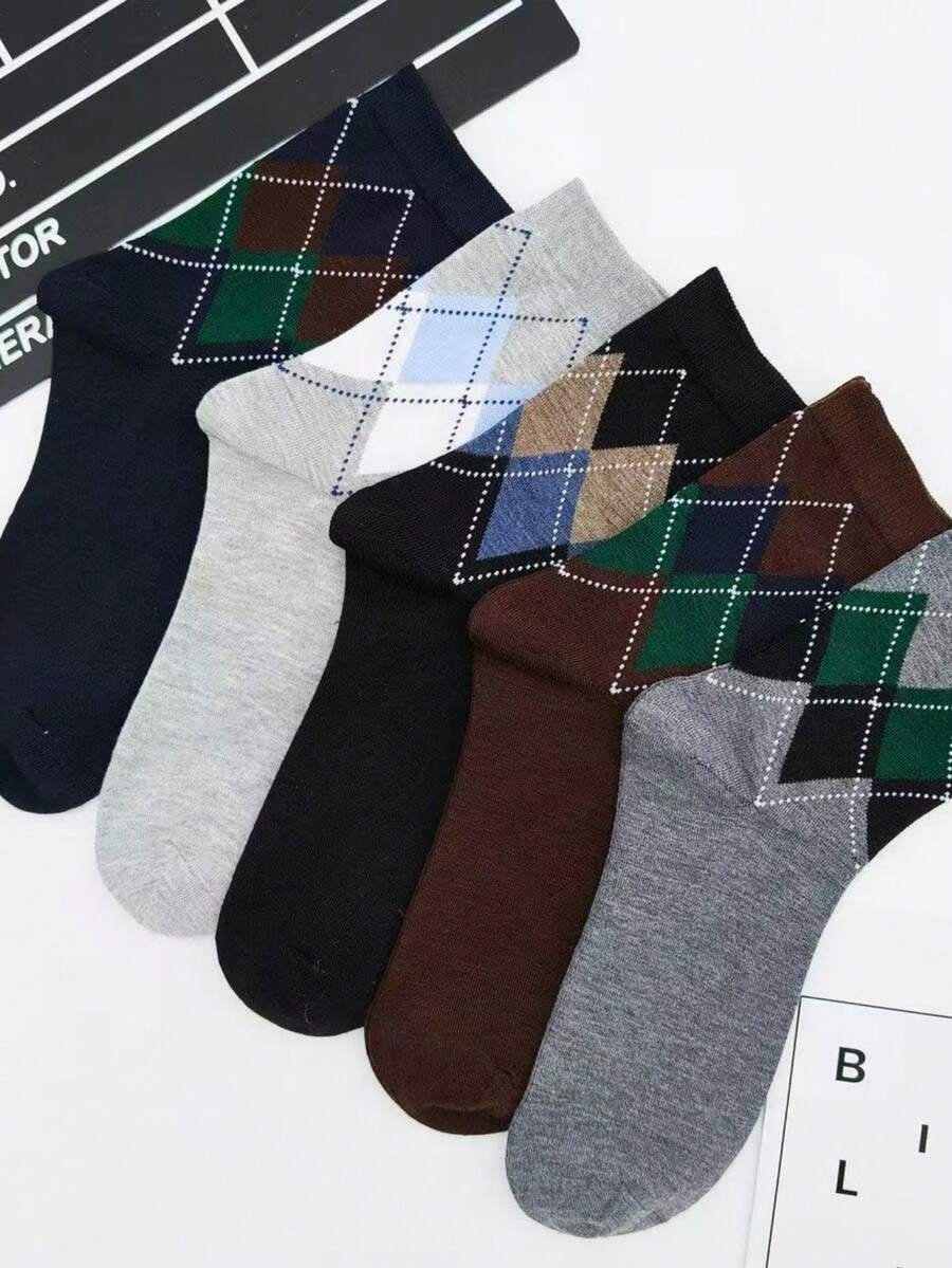 3 PAIRS Men's Korean Style Diamond Cotton Dress Socks - Comfort And Elegance RANDOM COLOR - 彩色 - 查看 1