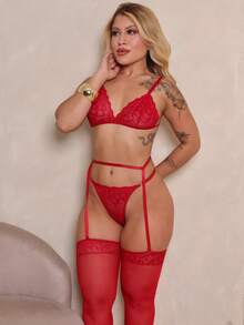 Gringa Sexy Set Kit Adjustable Bra Panties + Garter Belt + Pantyhose - 紅色 - 查看 3