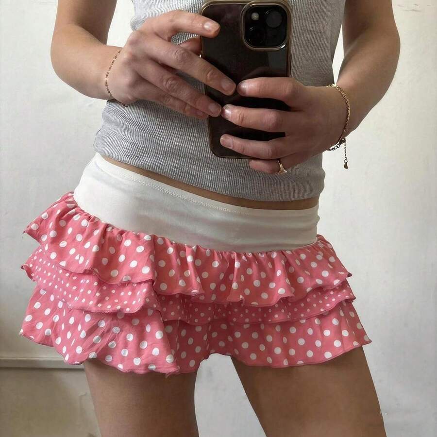 Women's Ruffle Mini Skirt Polka Dots Layered Low Rise Ruched Y2k A Line Skirts - Pink - View 1
