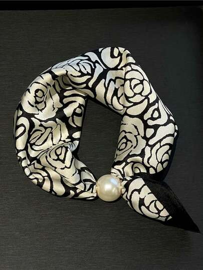 1条头巾式时尚珍珠磁扣围巾，新款艺术装饰颈巾，可搭配连衣裙