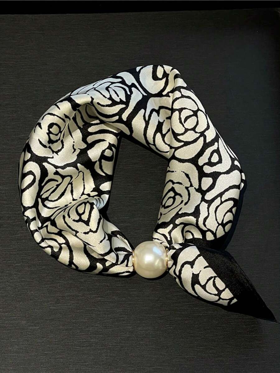 1条头巾式时尚珍珠磁扣围巾，新款艺术装饰颈巾，可搭配连衣裙 - 彩色 - 查看 1