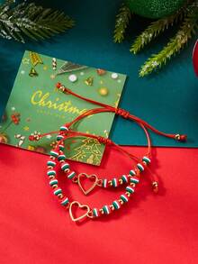 2 piezas Pulsera trenzada con cuentas ajustable con contraste de rojo, verde y blanco navideño