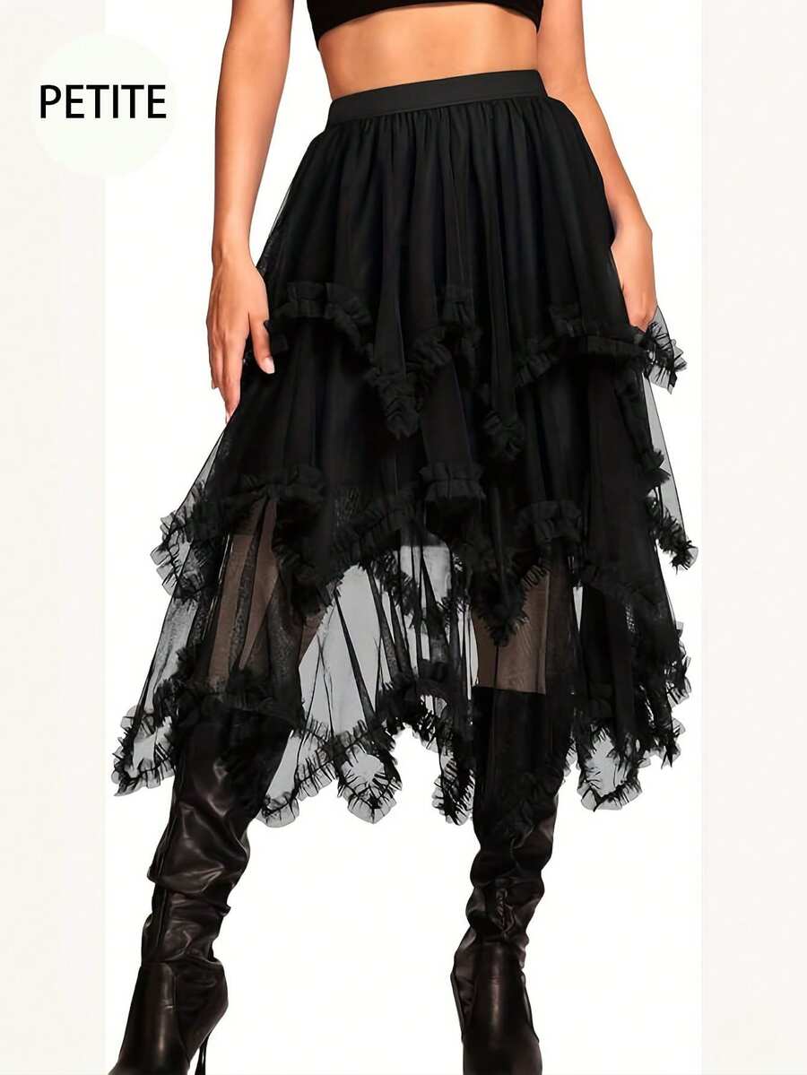 小巧蕾丝不对称网纱薄纱裙，高腰弹力显瘦不对称薄纱裙，仙女裙 黑色夏季 - 黑色 - 查看 1