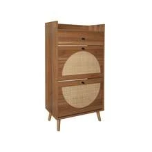 Schuhschrank mit zwei Türen und einer Schublade in Walnussholzfarbe, Rattan-Optik, austauschbare halbrunde Türen, doppeltes Regal, Länge 60 cm, ohne Rückwand, geeignet für Flure und ähnliche Bereiche