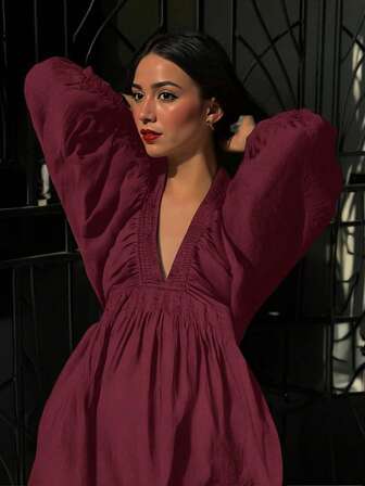 全新春夏优雅时尚街头性感深 V 领泡泡袖休闲短裙女士度假波西米亚风格 & 西部 & 热带 & 太阳裙