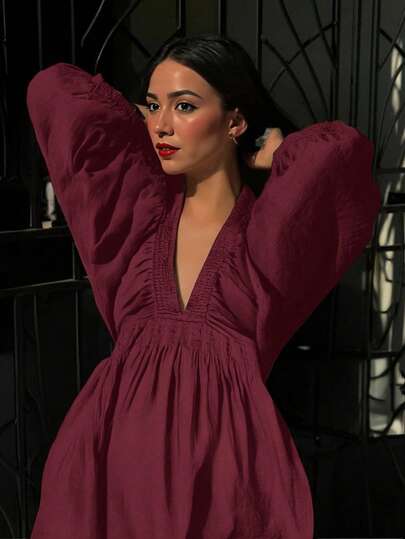 New Spring/Summer Elegant Fashion Street Sexy Deep V-Neck Puff Sleeve Casual Short Dress For Women, Vacation Boho Style & West & Tropical & Sun Dress