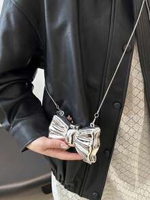 Women's Small Elegant Shoulder Bag - Shiny Bow Crossbody Purse Magnetic Buckle Cute Chain Clutch For Valentine's Day Gift For Girlfriend - 銀色 - 查看 5