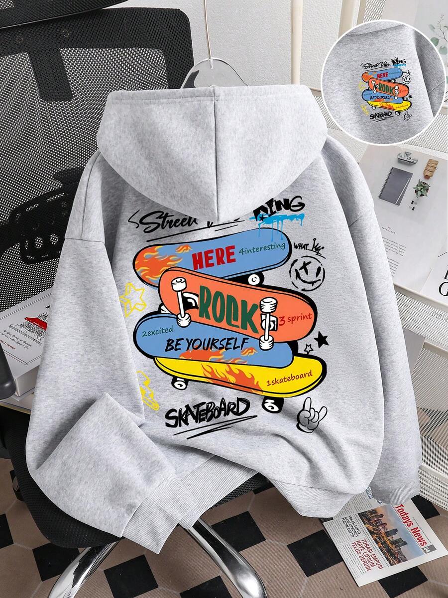 Tween Boy Cartoon Skateboard Print Warm Sweatshirt - Grey - View 1