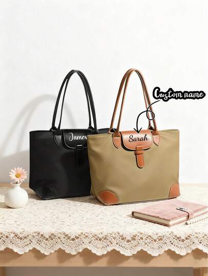 1pc Customized Printed Tote Bag, Customizable Name/Text Printing, 2 Color Options (Black/Khaki Handle), Ideal Gift For Teachers/Women, Travel/Summer Waterproof Nylon, Minimalist/Fashionable/Elegant Style, Suitable For Travel/Vacation, Birthday, Anniversary, Valentine's Day, Wedding, Unique Gift For Boyfriend/Girlfriend/Family/Spouse