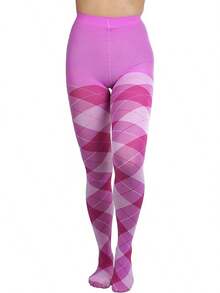 Women's Argyle Checkered Rhombus Net Opaque Sheer Tights Pantyhose, Fashionable 2025 7FWD - 大號不透明對比菱形花紋印花 - 粉紅色/紫紅色 - 查看 12