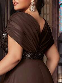 经典款大码女士夏季正式晚礼服，高档派对礼服，适合派对、生日、晚宴等场合，雪纺短袖亮片拼接长裙，春季婚纱礼服 - 咖啡棕 - 查看 7