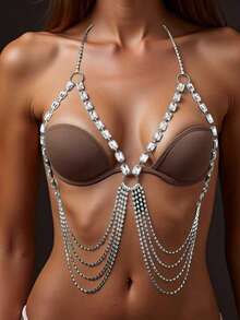 1pc Sexy Rhinestone Tassel Chest Chain, Women's Nightclub Bikini Body Chain