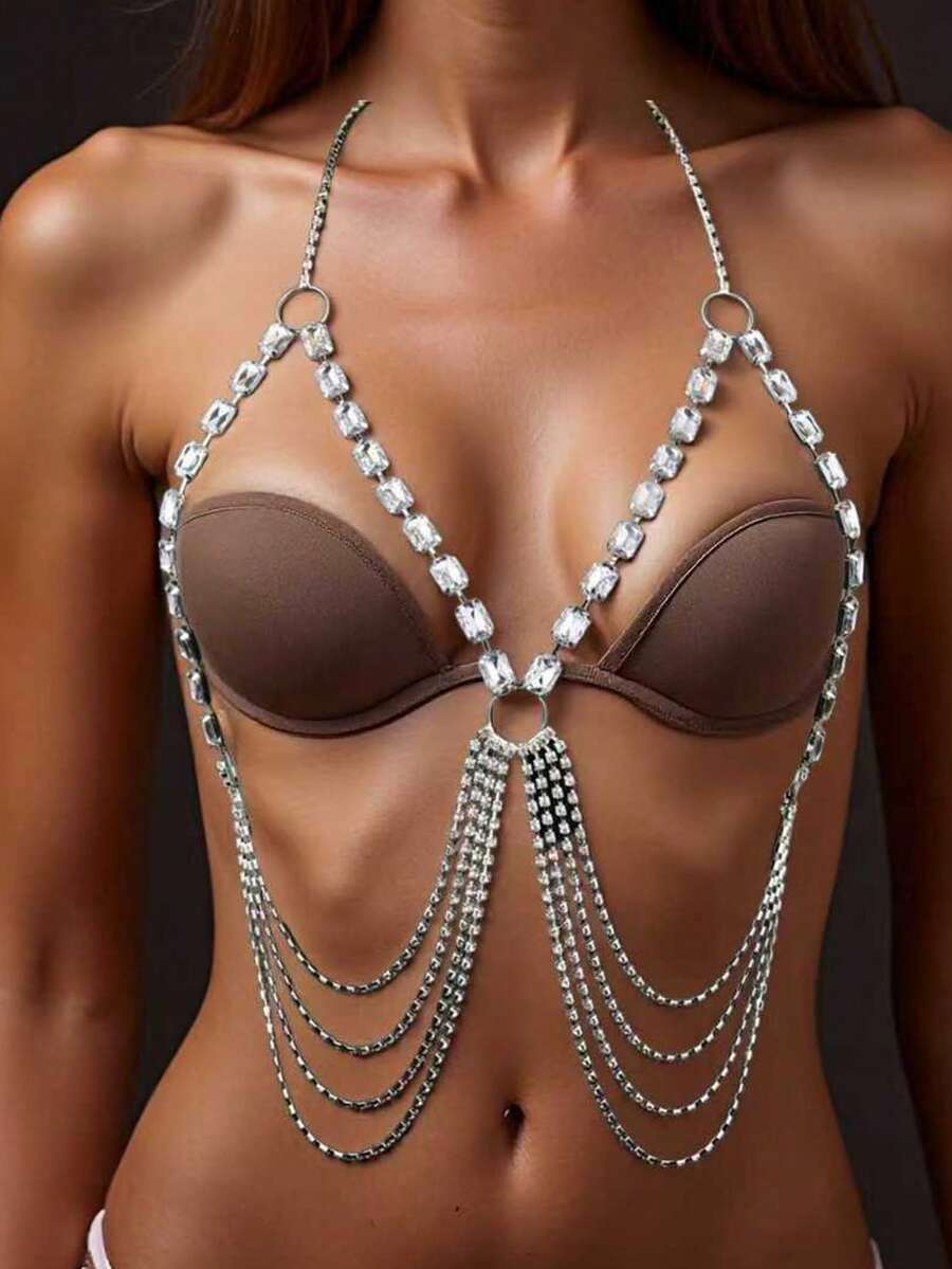 1pc Sexy Rhinestone Tassel Chest Chain, Women's Nightclub Bikini Body Chain