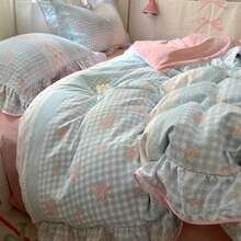 [2025 New Design]Blue White Plaid Bow Duvet Cover Set, Floral Pink Ruffle Bedding, 3Pcs (1 Duvet Cover + 2 Pillowcases, No Inserts) For Women, Single And Double Size, Pillowcase Pattern Random Cut - 藍色 - 查看 8