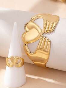 2pcs Fashionable Hug Heart Open Ring & Bracelet Set, Suitable For Women's Daily Decoration, Clothing Accessories, Vacation, Dating, Best Gift For Her