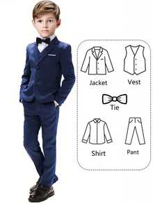 Bộ vest tuxedo màu xanh hải quân 5 món cho bé trai, bao gồm áo đuôi tôm, áo gile, quần tây, áo sơ mi và cà vạt, thích hợp cho tiệc sinh nhật, tiệc chiêu đãi, đám cưới, lễ rửa tội và kỷ niệm của bé trai, cỡ 3-10 tuổi. - Màu xanh hải quân - Xem 4