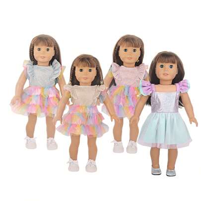 MSYO 1件适合18英寸娃娃的娃娃连衣裙，4种颜色可选，大荷叶边裙摆，娃娃短袖连衣裙，不含娃娃和鞋子，适合作为小女孩的生日或节日礼物。