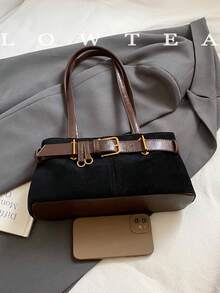 1 件 Low Tea 纯色绒面革单肩包，女士复古时尚方形单肩包，顶部双提手，拉链开合，适合旅行、购物、约会、女士礼物，非常适合通勤、户外、旅行、徒步旅行 - 黑色 - 查看 4