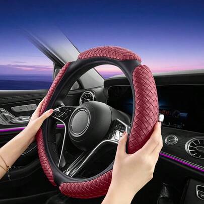 Handwoven PU Leather Steering Wheel Cover - Textured For Anti-Slip, Ergonomic Comfort, Fits 14.5-15 Inch